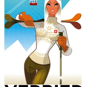 112-Verbier valais Suisse, femme avec ski, Affiche, Tirage Art, Digigraphie, Illustration, œuvre, Poster, Fine Art, Design. Monsieur Z