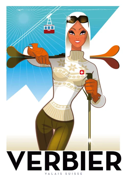 112-Verbier valais Suisse, femme avec ski, Affiche, Tirage Art, Digigraphie, Illustration, œuvre, Poster, Fine Art, Design. Monsieur Z