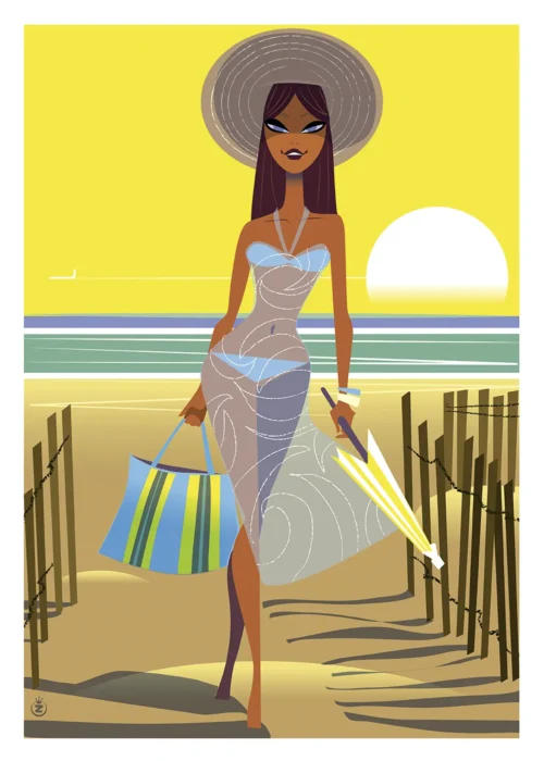 121-Almanarre Femme rentrant de la plage, Affiche, Tirage Art, Digigraphie, Illustration, œuvre, Poster, Fine Art, Design. Monsieur Z