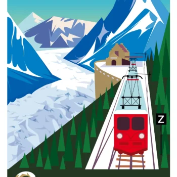 127-Chamonix mer de glace Train, Affiche, Tirage Art, Digigraphie, Illustration, œuvre, Poster, Fine Art, Design. Monsieur Z