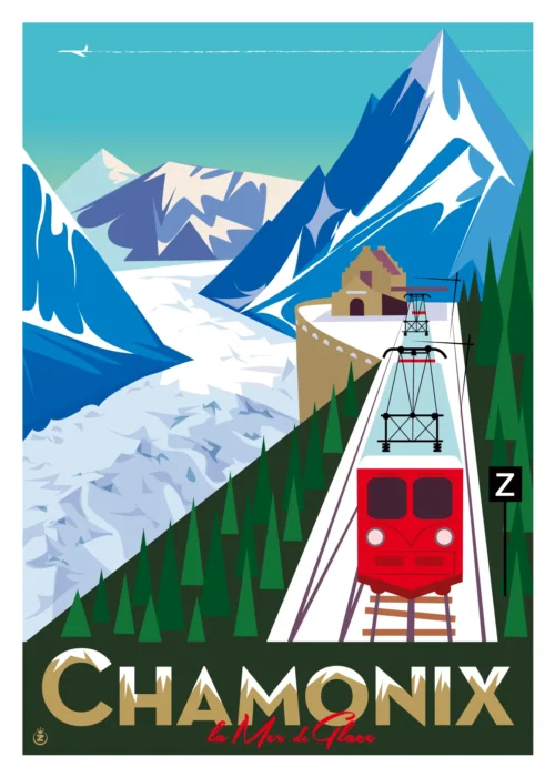 127-Chamonix mer de glace Train, Affiche, Tirage Art, Digigraphie, Illustration, œuvre, Poster, Fine Art, Design. Monsieur Z