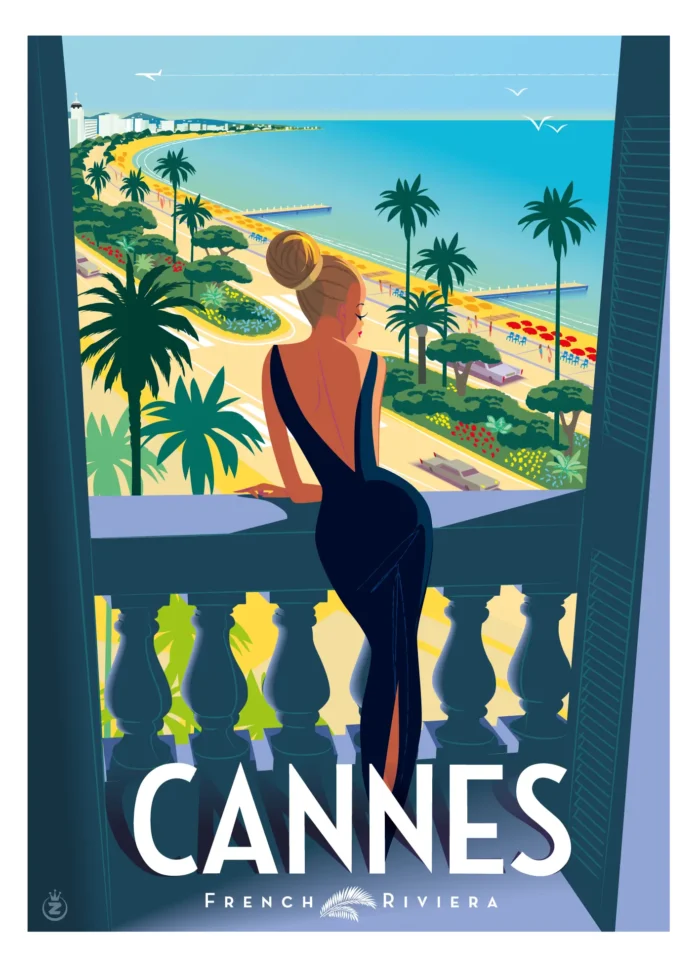 Affiche d'une vue panoramique sur la Croisette de Cannes depuis une fenêtre par Monsieur Z