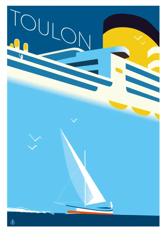 Affiche d'un voilier surplombé par un Corsica Ferries à Toulon par Monsieur Z