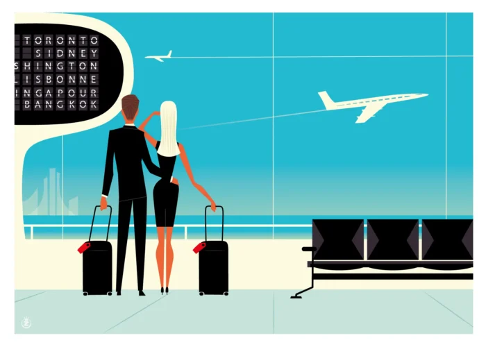 Affiche d'un couple observant les avions décoller depuis le terminal par Monsieur Z