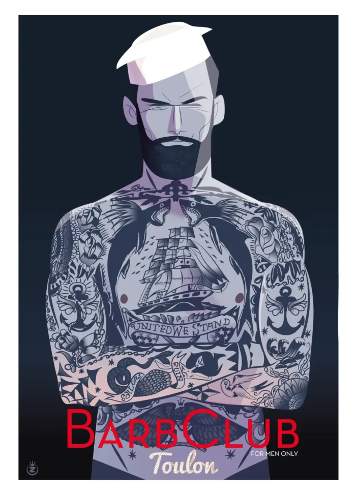 Affiche du marin charismatique et tatoué du Barber Club par Monsieur Z