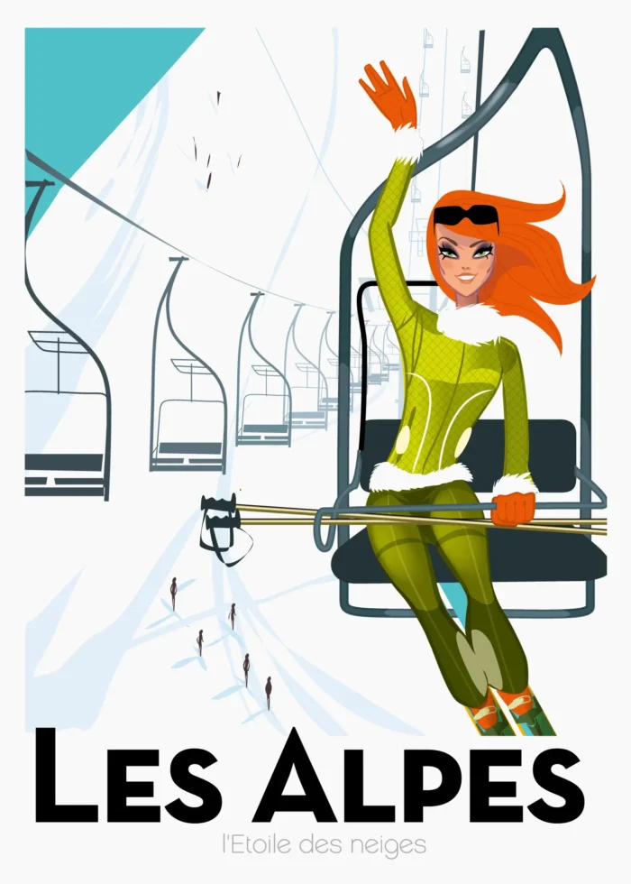 Affiche d'une femme saluant depuis un télésiège dans le temps blanc par Monsieur Z