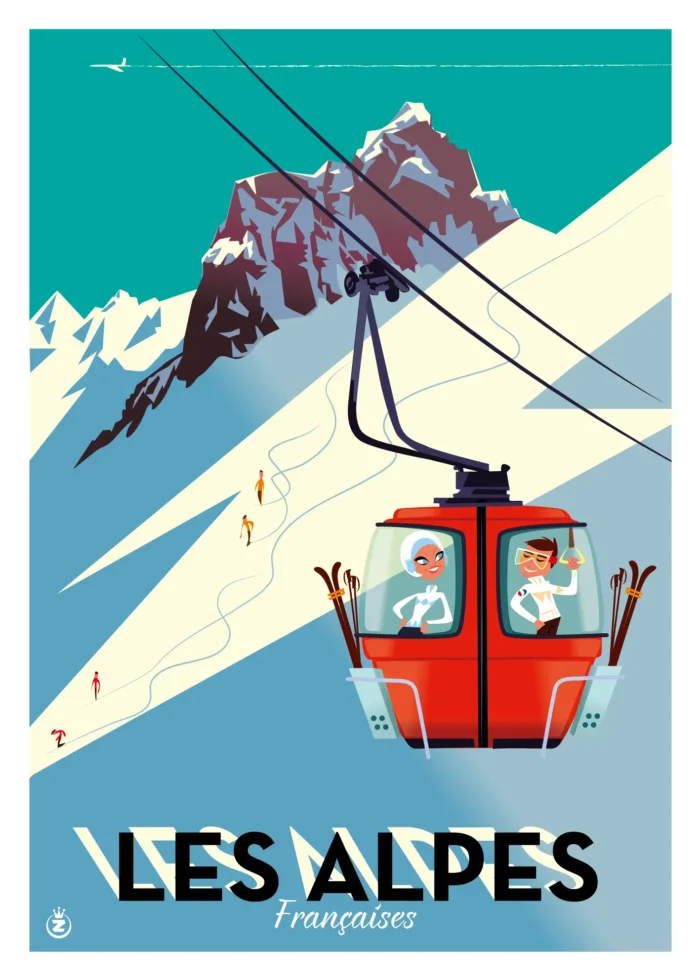 Affiche d'une cabine rouge surplombant les pistes des Alpes françaises par Monsieur Z