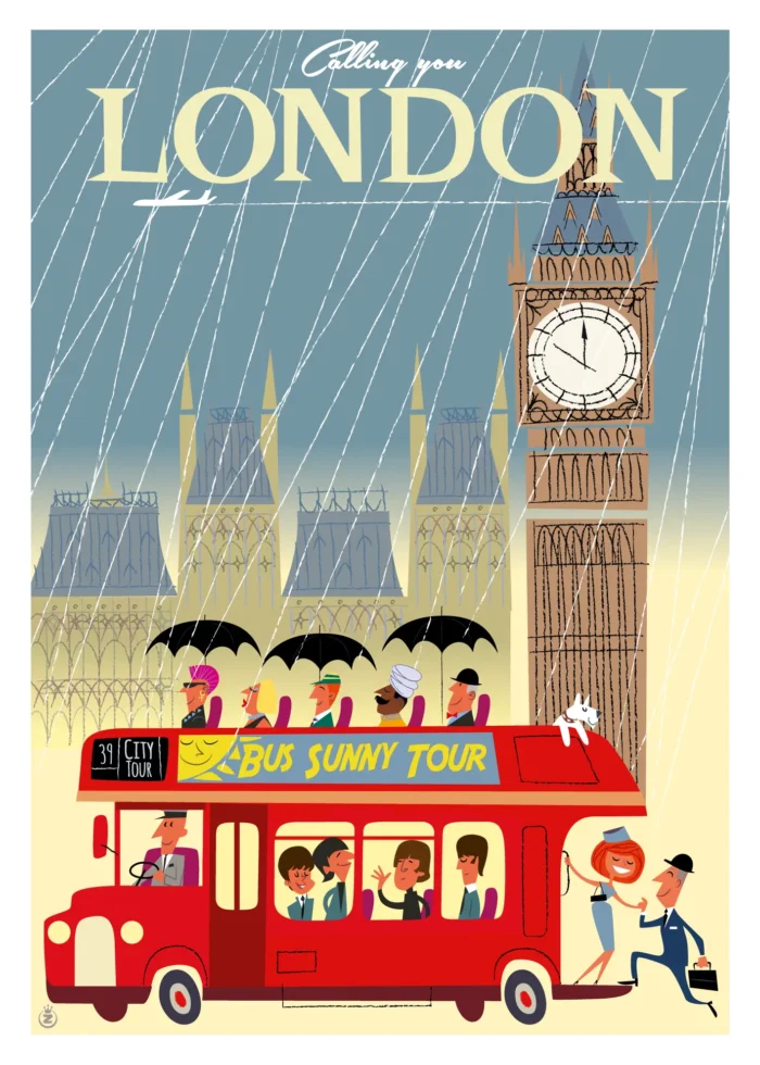 Affiche de Londres sous la pluie avec un bus 'Sunny Tour' par Monsieur Z