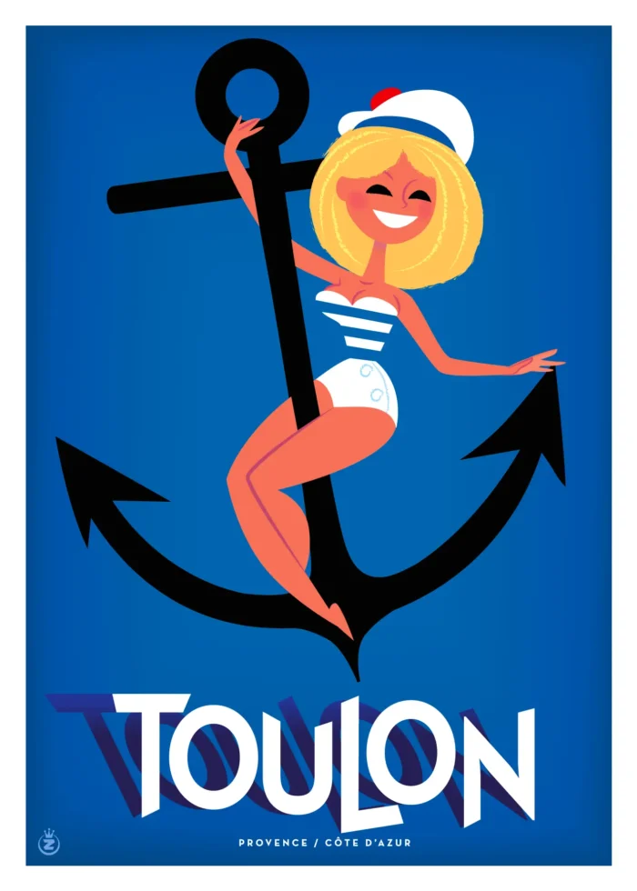Affiche d'un marin à califourchon sur une ancre à Toulon par Monsieur Z