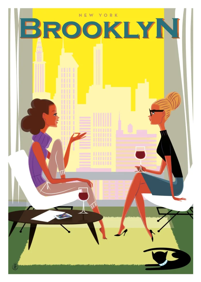 Affiche Brooklyn, verre de vin face à la skyline de New York, par Monsieur Z