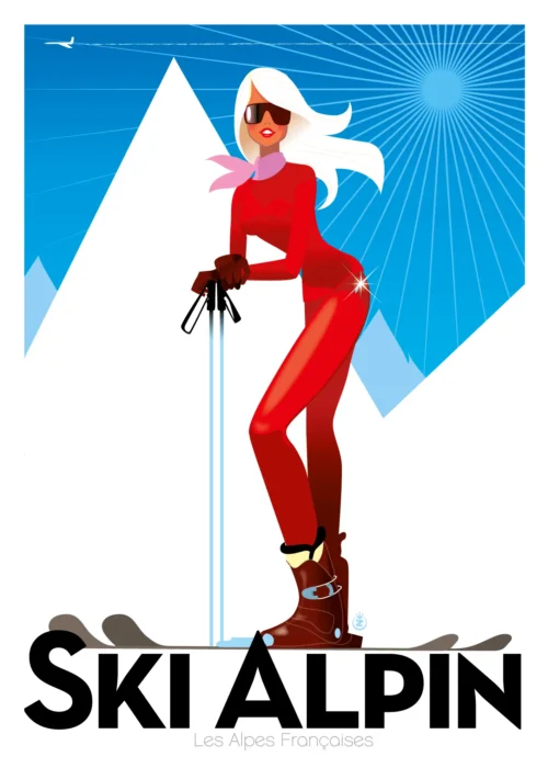 187-ski alpin fille rouge Affiche, Tirage Art, Digigraphie, Illustration, œuvre, Poster, Fine Art, Design. Monsieur Z