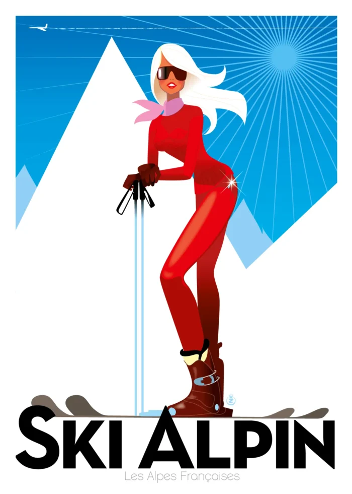 Affiche d'une femme en rouge s'élançant sur les pentes des Alpes françaises par Monsieur Z