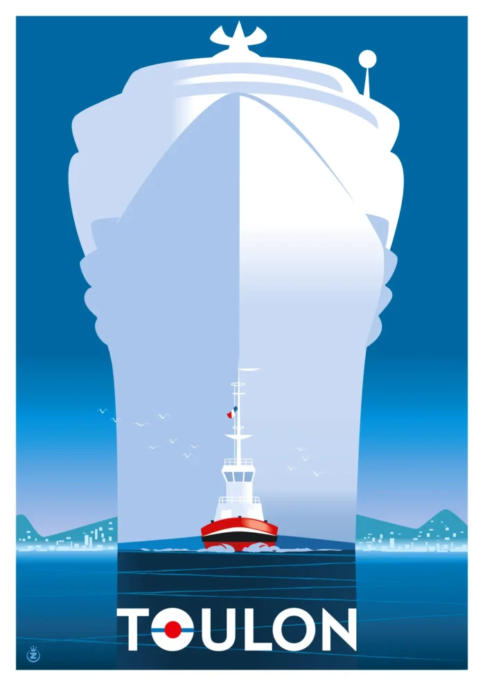 Affiche d'un remorqueur tractant un géant dans la rade de Toulon par Monsieur Z