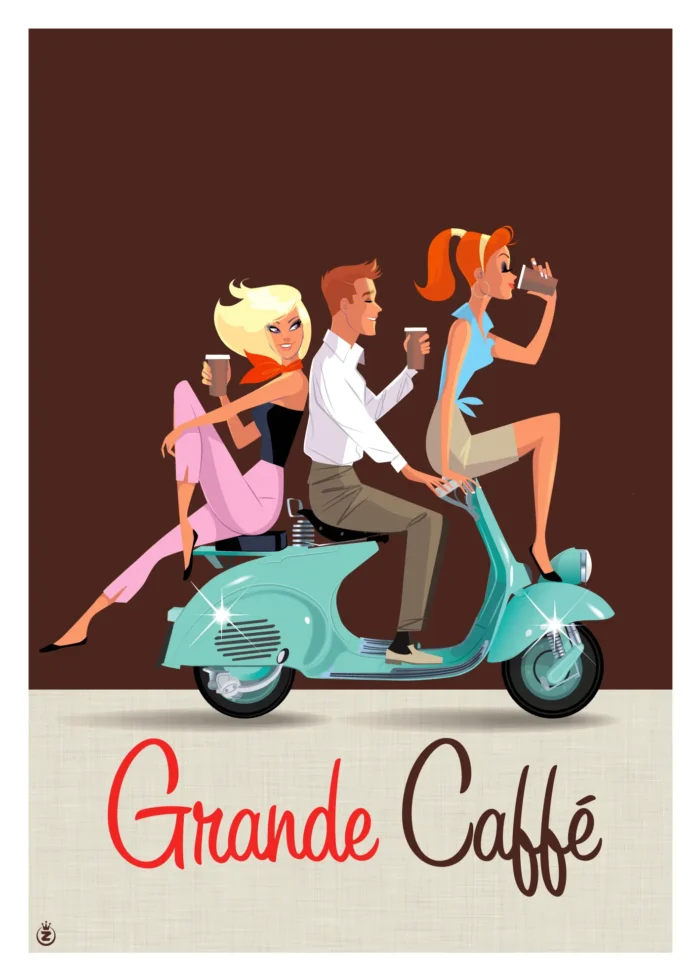 Affiche d'une femme dégustant un café sur son Vespa par Monsieur Z