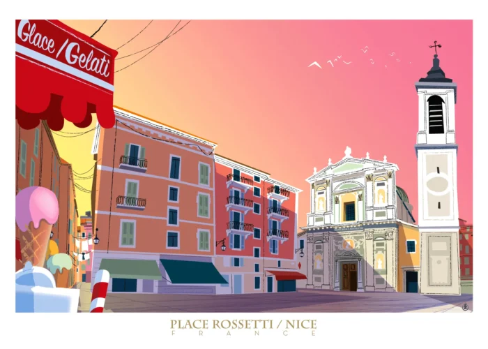Affiche de la Place Rossetti dans le Vieux Nice par Monsieur Z