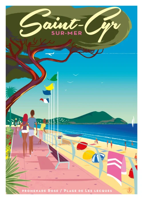 214-saint cyr sur mer promenade rose, plage de les lecques, Affiche, Tirage Art, Digigraphie, Illustration, œuvre, Poster, Fine Art, Design. Monsieur Z