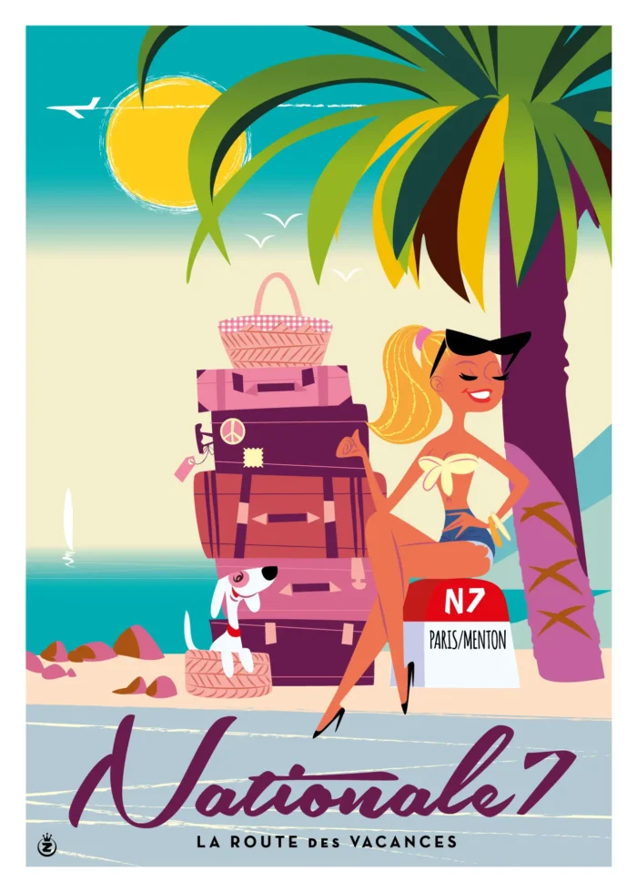 Affiche vintage de la Nationale 7 en autostop par Monsieur Z