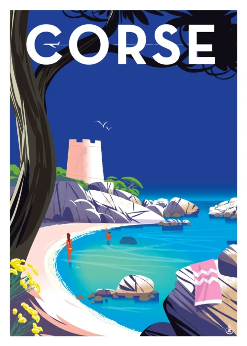 221-corse plage Affiche, Tirage Art, Digigraphie, Illustration, œuvre, Poster, Fine Art, Design. Monsieur Z