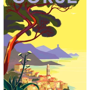 226-corse village mer Affiche, Tirage Art, Digigraphie, Illustration, œuvre, Poster, Fine Art, Design. Monsieur Z