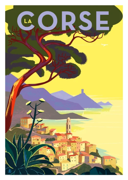 226-corse village mer Affiche, Tirage Art, Digigraphie, Illustration, œuvre, Poster, Fine Art, Design. Monsieur Z