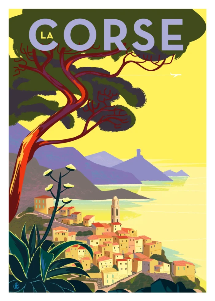 Affiche d'un village corse au bord de la Méditerranée par Monsieur Z
