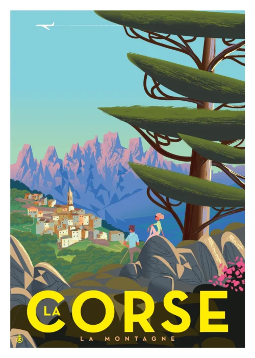 228-La montagne la corse village, Affiche, Tirage Art, Digigraphie, Illustration, œuvre, Poster, Fine Art, Design. Monsieur Z