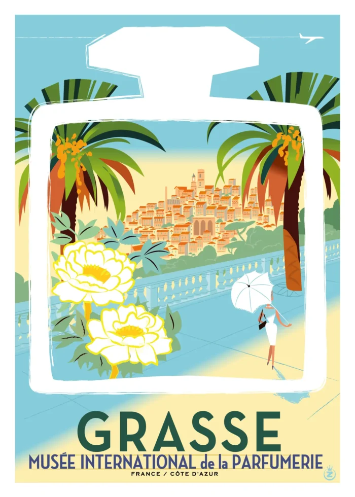 Affiche du village de Grasse enfermé dans un flacon de parfum par Monsieur Z