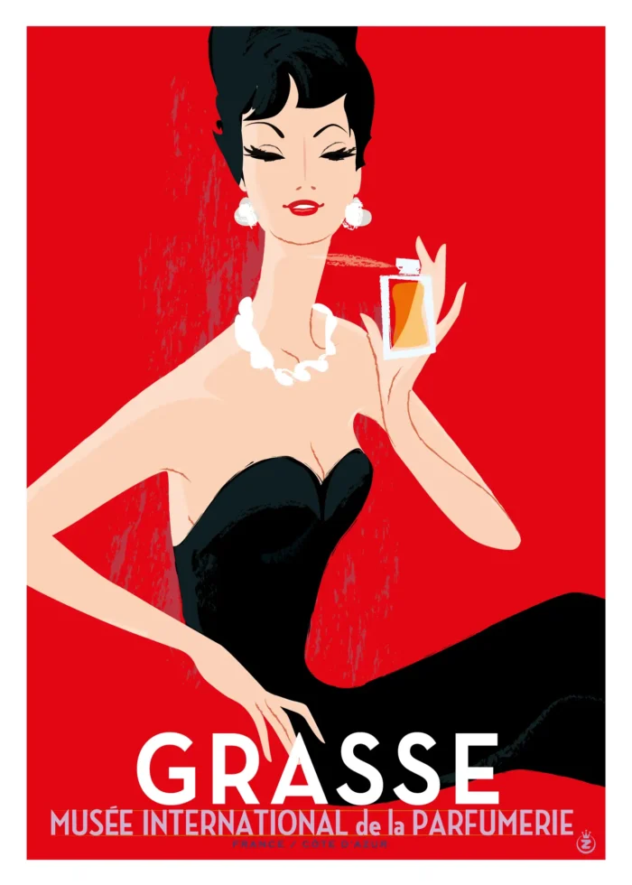 Affiche d'une femme se parfumant sur fond rouge, esprit Grasse, par Monsieur Z