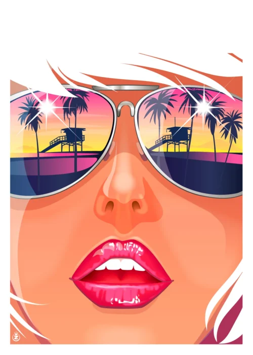 241-Venise beach femme lunette reflet, Affiche, Tirage Art, Digigraphie, Illustration, œuvre, Poster, Fine Art, Design. Monsieur Z