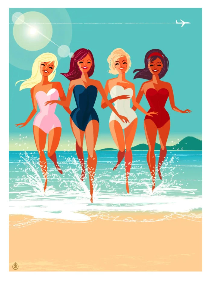 Affiche de jeunes femmes courant sur le sable à Hyères par Monsieur Z