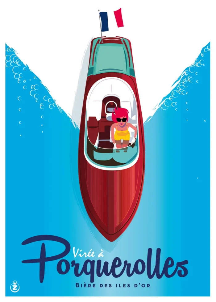 Affiche du bateau à l'étiquette de la bière de Porquerolles en version bleue par Monsieur Z