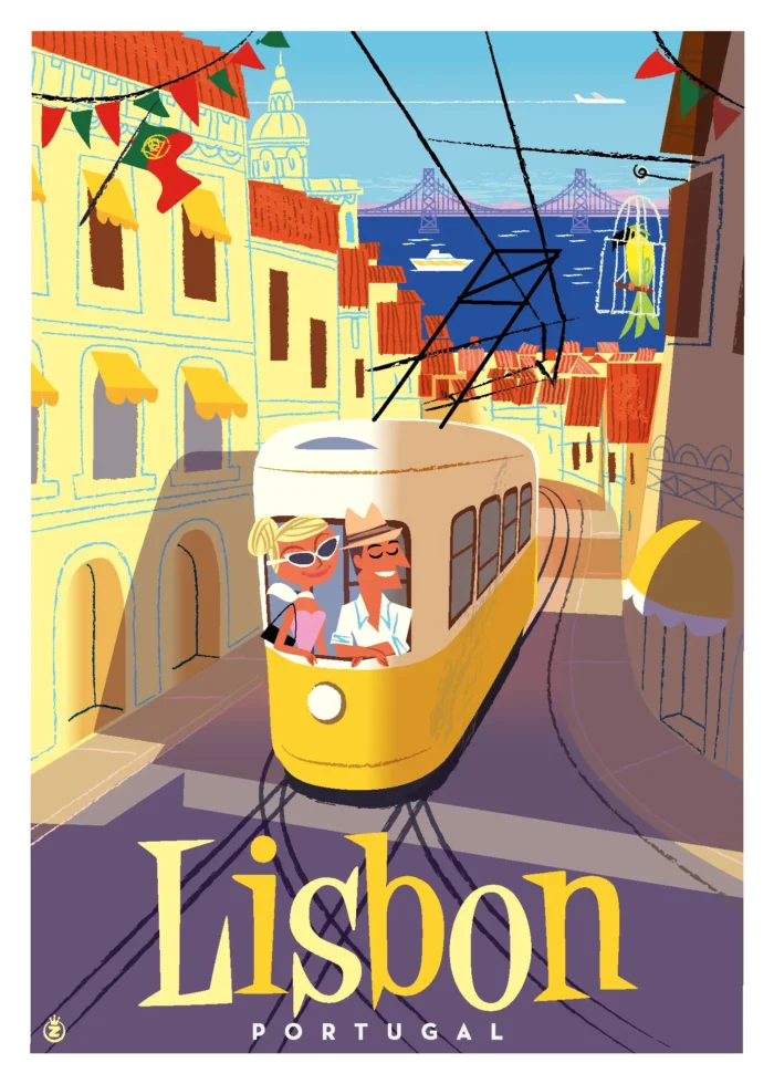 Affiche du tramway jaune de Lisbonne par Monsieur Z