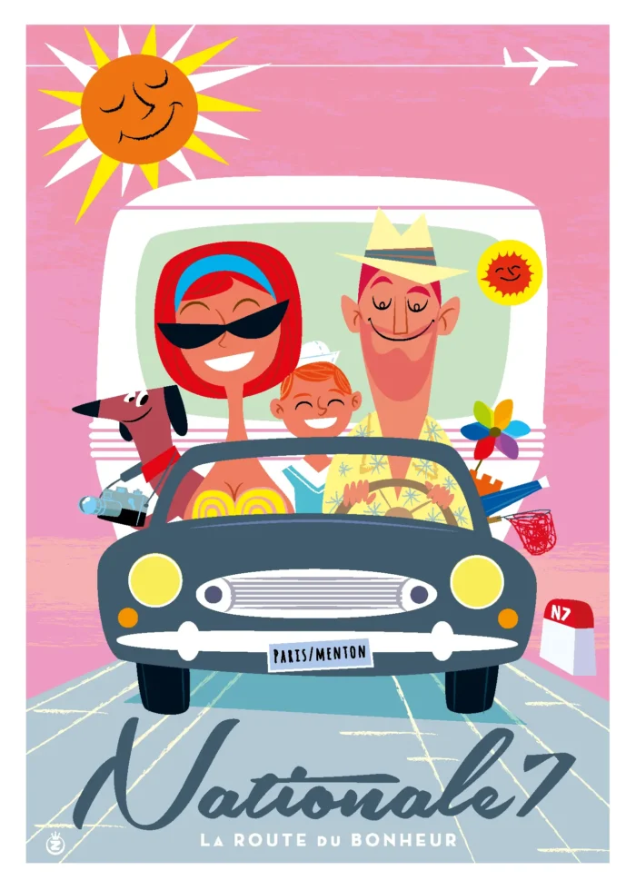 Affiche de la Nationale 7, route des vacances, en voiture par Monsieur Z