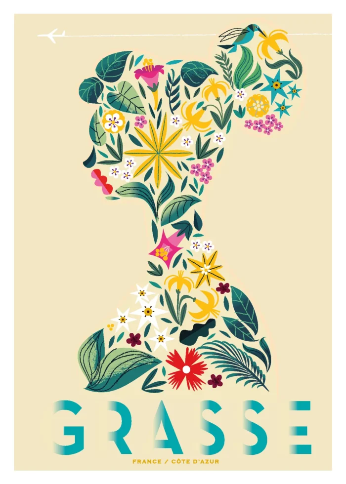 Affiche d'un visage féminin composé de fleurs, esprit Grasse, par Monsieur Z