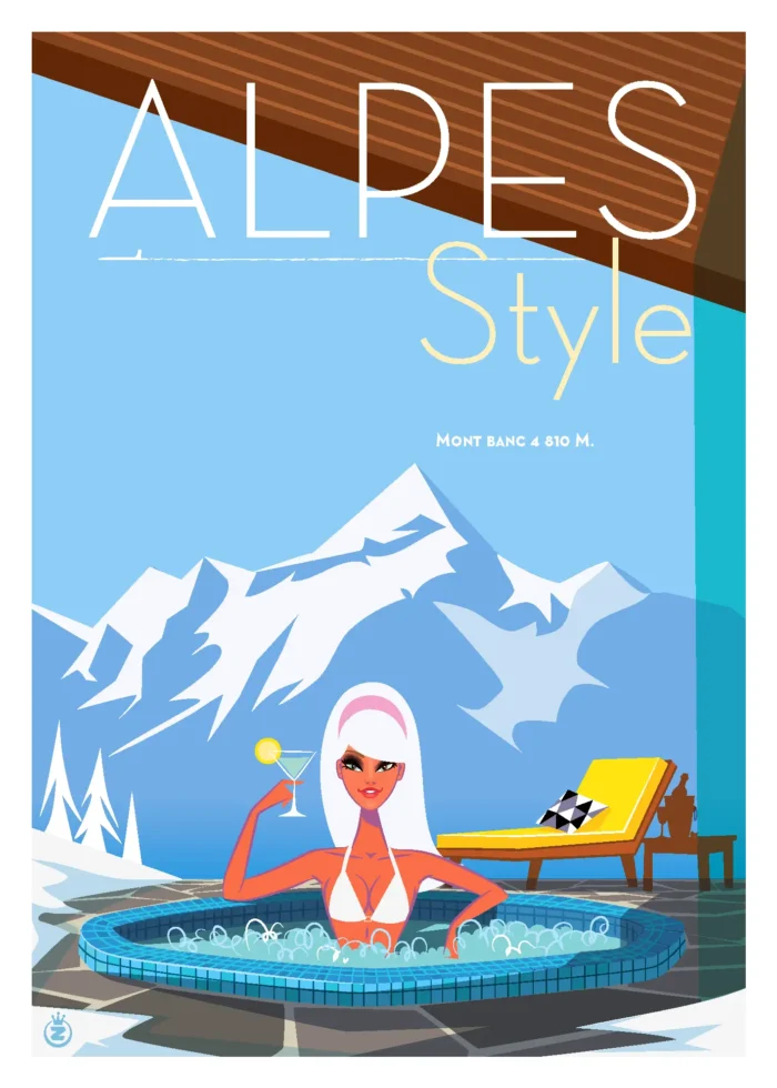 Affiche d'un jacuzzi de chalet design avec le Mont-Blanc en arrière-plan par Monsieur Z