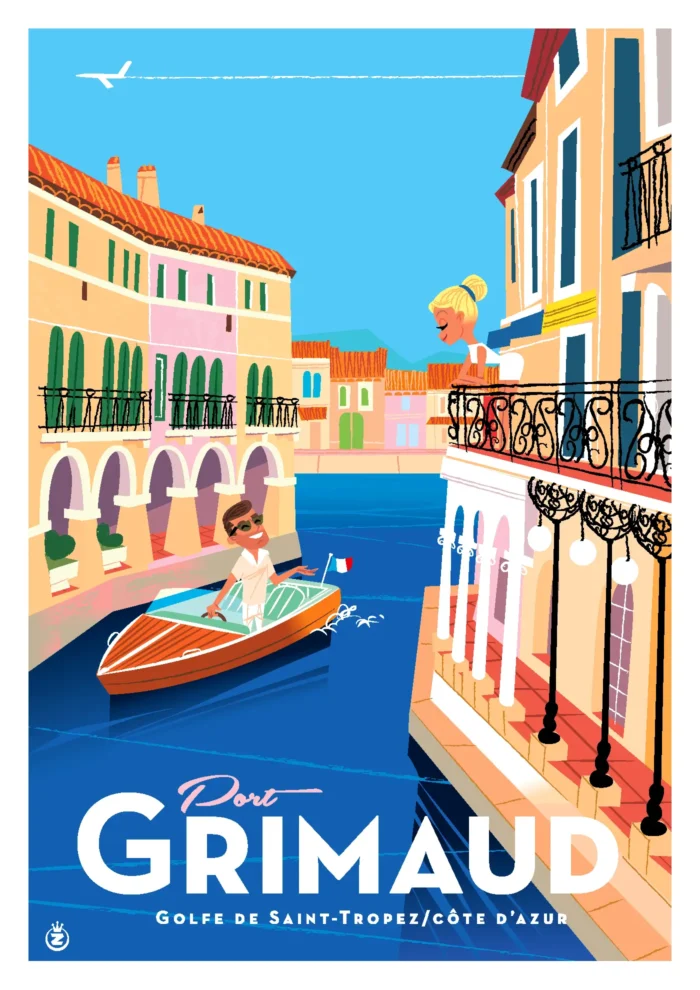 Affiche d'un Riva glissant sur les canaux de Port Grimaud par Monsieur Z