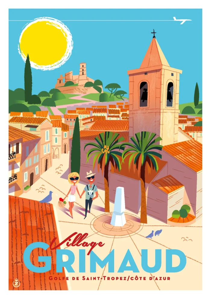 Affiche du village peré de Grimaud et son château par Monsieur Z