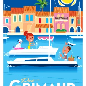 296-grimaud port Golfe de saint tropez, Affiche, Tirage Art, Digigraphie, Illustration, œuvre, Poster, Fine Art, Design. Monsieur Z