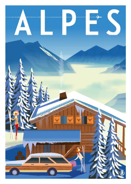 318-chalet nuages Alpes Affiche, Tirage Art, Digigraphie, Illustration, œuvre, Poster, Fine Art, Design. Monsieur Z