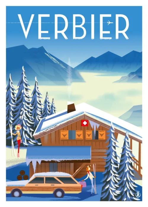 321-chalet mer de nuage SUISSE Verbier, Affiche, Tirage Art, Digigraphie, Illustration, œuvre, Poster, Fine Art, Design. Monsieur Z