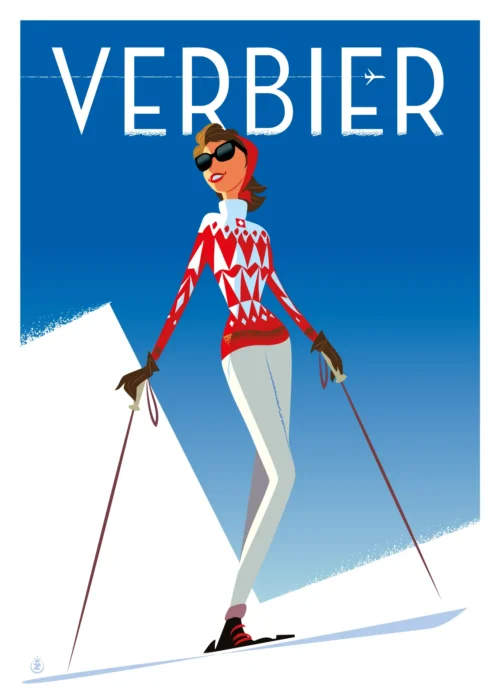 322-ski fille pull jacquard SUISSE Verbier, Affiche, Tirage Art, Digigraphie, Illustration, œuvre, Poster, Fine Art, Design. Monsieur Z