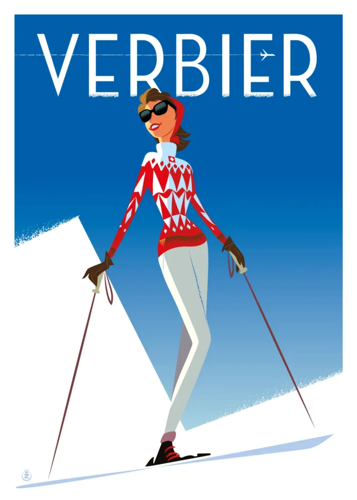Affiche d'une skieuse en pull jacquard à Verbier par Monsieur Z