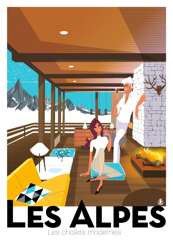 Affiche de l'intérieur moderne et cosy d'un chalet des Alpes en tons bleus par Monsieur Z