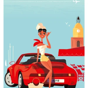 334-porsche rouge Sénéquier, Femme à saint Tropez, Affiche, Tirage Art, Digigraphie, Illustration, œuvre, Poster, Fine Art, Design. Monsieur Z