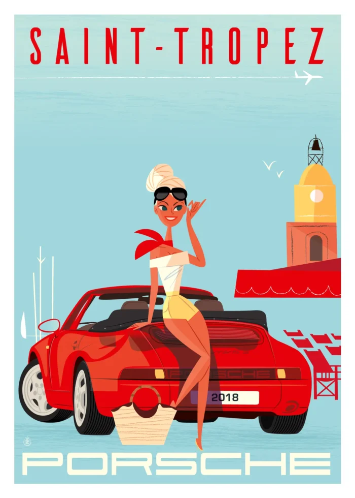 Affiche d'une Porsche rouge devant le Sénéquier à Saint-Tropez par Monsieur Z
