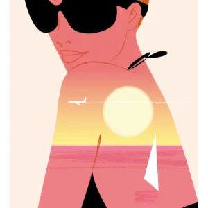 344-femme profil mer ciel rose Affiche, Tirage Art, Digigraphie, Illustration, œuvre, Poster, Fine Art, Design. Monsieur Z