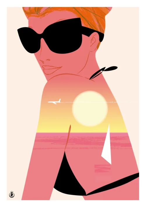 344-femme profil mer ciel rose Affiche, Tirage Art, Digigraphie, Illustration, œuvre, Poster, Fine Art, Design. Monsieur Z