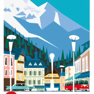 345-Chamonix village, Ski Mont Blanc 4 810m, Affiche, Tirage Art, Digigraphie, Illustration, œuvre, Poster, Fine Art, Design. Monsieur Z