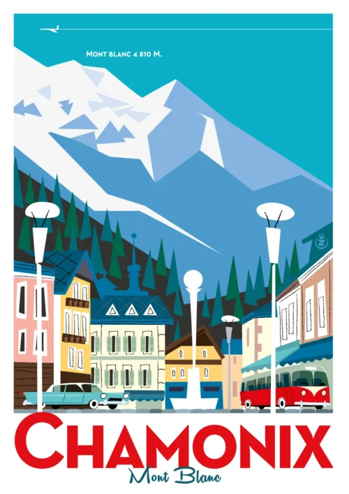 345-Chamonix village, Ski Mont Blanc 4 810m, Affiche, Tirage Art, Digigraphie, Illustration, œuvre, Poster, Fine Art, Design. Monsieur Z