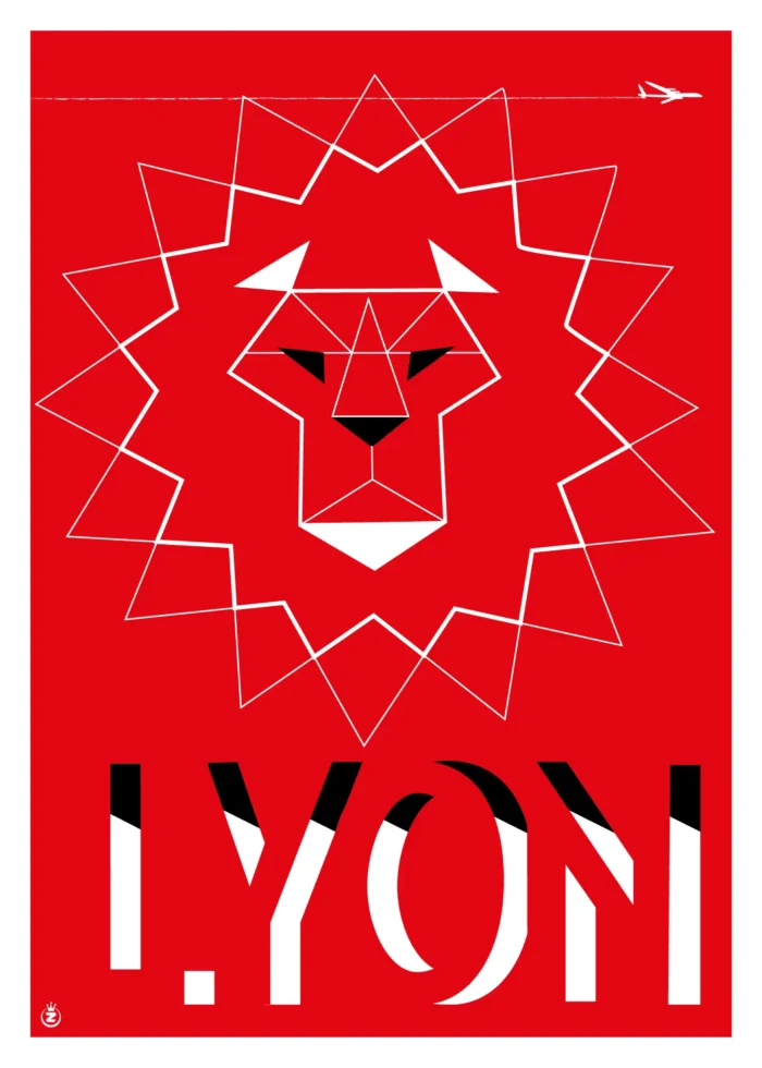 Affiche d'une figure abstraite de lion sur fond rouge par Monsieur Z